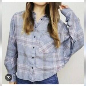 Free People Batwing Sleeve Shirt‎ Women's Large Button Down Plaid Flannel Top L